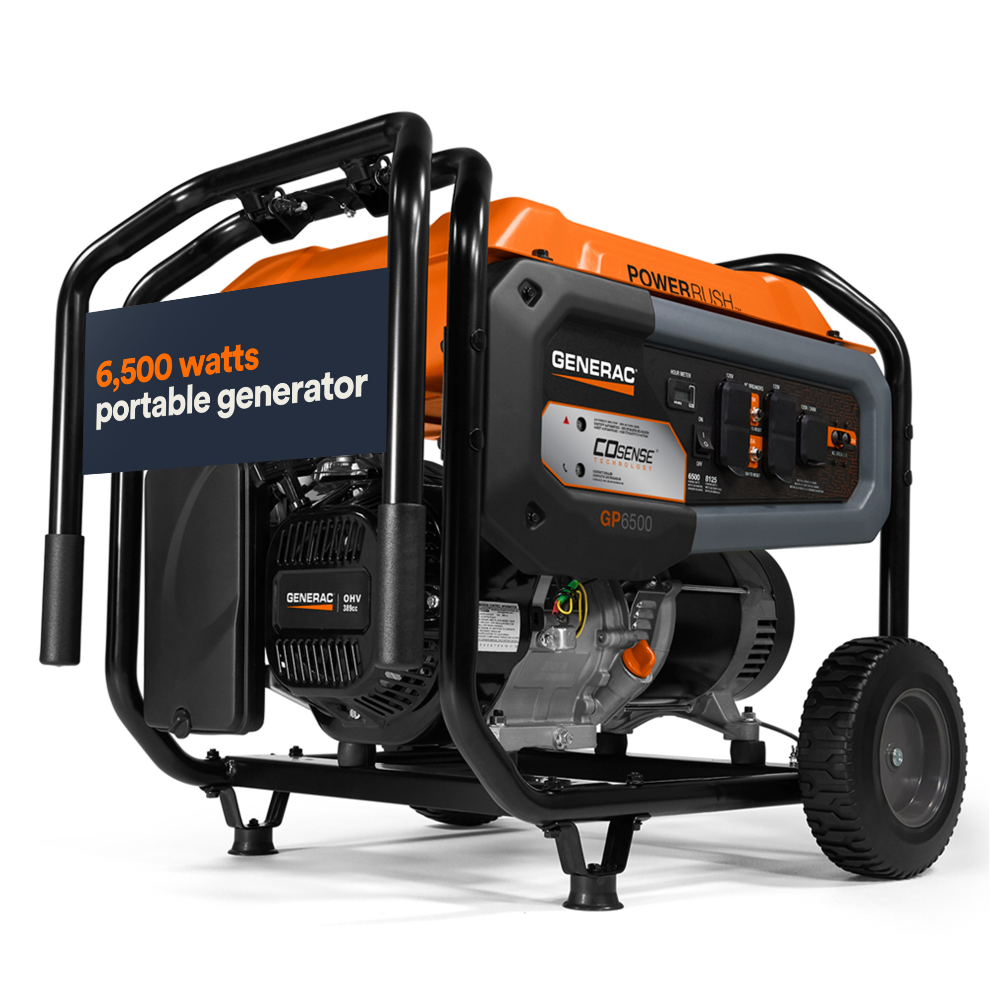 Generac 7672 GP6500 8125 / 6500 Watt Gas Powered Portable Generator w/ Cord and COSense, Recoil Start, Wheel and Handle Kit Included, 49ST